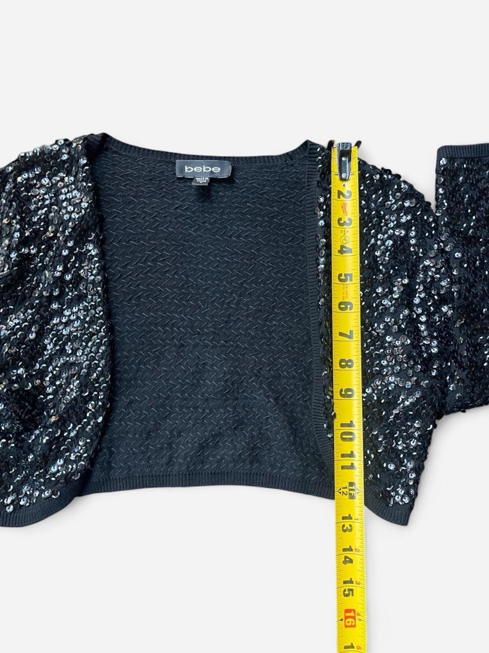 Vintage Bebe Black Cropped Sequin Shrug Bolero Silk Cotton Glam Sz S - Picture 4 of 5